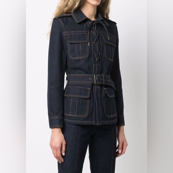 Saint Laurent SAHARIAN BELTED LACE-UP DENIM JACKET IN BLUE NWT - Picture 2 of 5